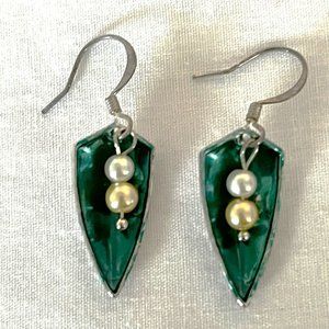 Green Leaves & Pearls Earrings with Nickel-Free Ear Wires NWT
